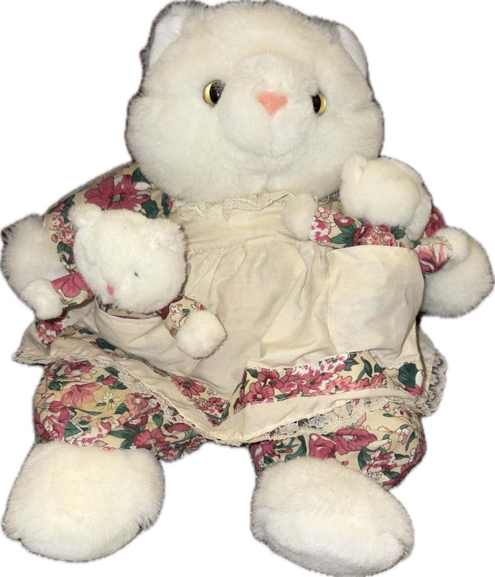 Vintage Dan Dee Collector's Choice Mother Cat and Kitten Plush in Floral Dress